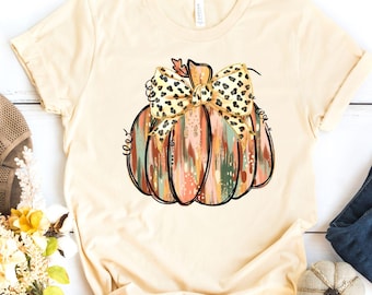 Preppy Polka Dot Pumpkin Shirt Fall Bow Pumpkin Tee Cozy Autumn Graphic Shirt Thanksgiving Shirt Fall Gifts for Her Pumpkin Patch T-Shirt