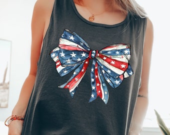 Camiseta sin mangas con lazo y bandera estadounidense, color rojo, blanco y azul, estilo patriótico de EE. UU.