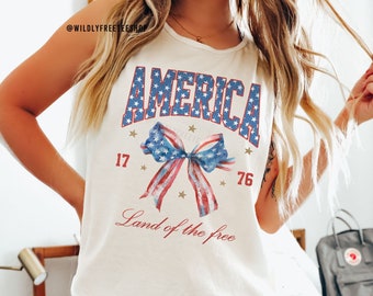 Regata "Terra da Liberdade", Regata com Laço Americano, Regata Americana, Camiseta Patriótica Fofa, Regata do Quatro de Julho, Regata do 4 de Julho, 1776