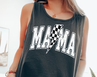 Comfort Colors® Checkered Mama Tank Top, Retro Mama Tank Top,  Lightning Bolt Mama Tank, Mom Tank Top, Mothers Day Gifts, Summer Tank Tops