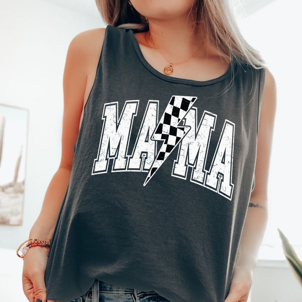 Comfort Colors® Checkered Mama Tank Top, Retro Mama Tank Top,  Lightning Bolt Mama Tank, Mom Tank Top, Mothers Day Gifts, Summer Tank Tops