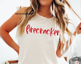 Camiseta sin mangas Firecracker del 4 de julio: atuendo patriótico para mujer