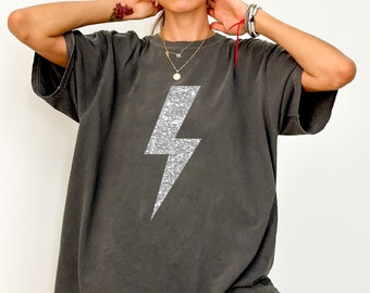 Casual Comfort Colors® 100% Cotton Sparkly Silver or Gold Glitter Lighting Bolt Tshirt For Women S-4XL
