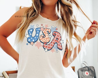Regata do 4 de Julho, Regata do Dia da Independência, Regata Oversized dos EUA, Regata com Fogos de Artifício, Camiseta Patriótica, Roupa para o Dia da Independência, Regata Retrô dos EUA