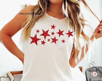 Camiseta sin mangas con estrellas brillantes Comfort Colors®: Camisa extragrande del 4 de julio