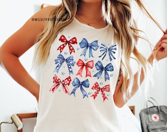 Camiseta sin mangas con lazos de la bandera estadounidense - Camiseta Coquette del 4 de julio de EE. UU.