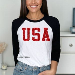 4th of July Shirt, Red Glitter USA Tshirt, USA Raglan Baseball Tee, July 4th Shirts Women, USA Shirt, Patriotic Shirts, 3/4 Sleeve Tees