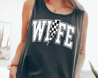 Comfort Colors® Wife Tank Top, Retro Wife Tank Top, Lightning Bolt Wife Tank, Wife Tank Top, Bride Shirt, Newlywed Gift, Checkered Wife Tank