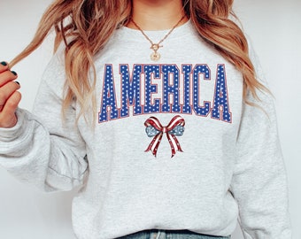 America Coquette Bow Sweatshirt, Red White Blue, July 4 Outfit, 4 of July Shirt, Patriotic Sweatshirt, Fourth of July Shirt, American Flag