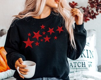 Red Glitter Stars Sweatshirt: Patriotic July 4th Crewneck