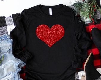Long Sleeve Valentines Day Shirt, Red Glitter Heart T-Shirt