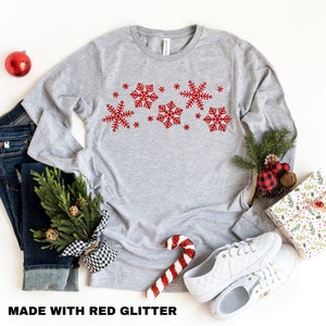 Glitzer Schneeflocke Langarm Shirt - Frauen Weihnachten Tee