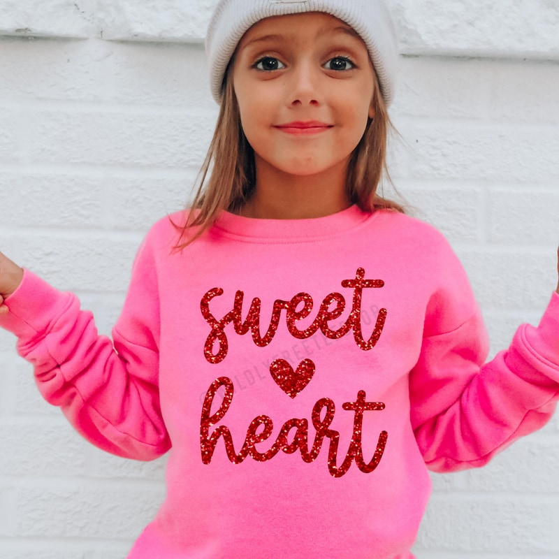 Girls Glitter Sweetheart Sweatshirt, Sweatheart Shirt, Cute Valentine&#39;s Day Shirts for Kids, Girls Valentine&#39;s Day Outfit, Girls Heart Shirt