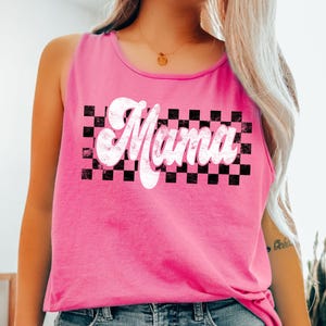 Comfort Colors® Checkered Mama Tank Top: Retro Summer Mom Shirt
