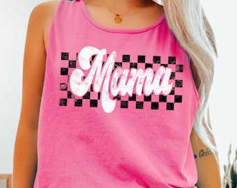Comfort Colors® Checkered Mama Tank Top: Retro Summer Mom Shirt