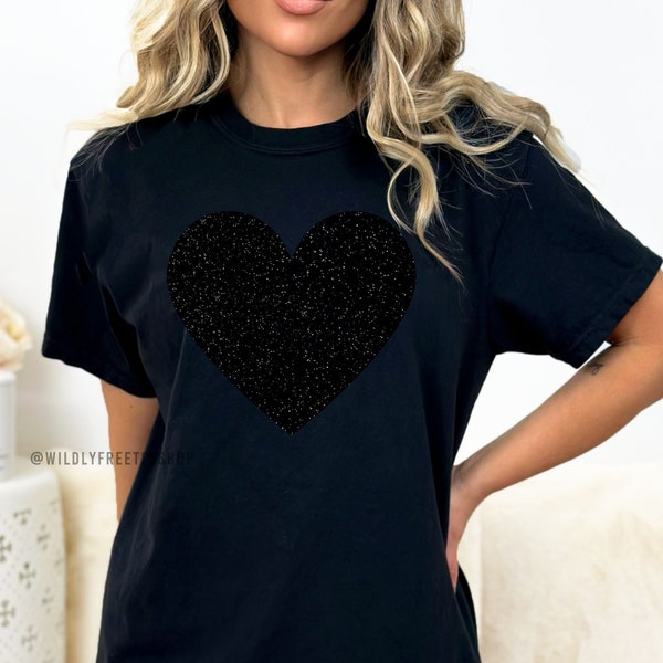 Womens Black On Black Monochromatic Heart Shirt, Glitter Heart Shirt, Heart Tee Shirt, Casual Clothes Women, Black Heart Shirt, Graphic Tee