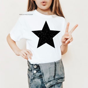 キッズ ブラック グリッター スター Tシャツ、女の子エンパワーメント シャツ、かわいい子供服、ユース ガールズ スター シャツ、幼児ガール スター シャツ、かわいい子供用ギフト