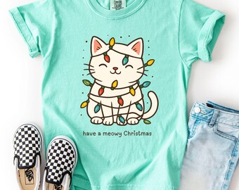 Toddler Girls Cat Meowy Kids Christmas Shirt - Comfort Colors® Festive Holiday Tee