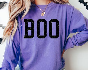 T-shirt à manches longues pailleté « Boo », T-shirt Comfort Colors®, T-shirt d'automne pour femme, T-shirt pailleté « Boo », T-shirt d'automne et d'Halloween, Cadeau d'Halloween