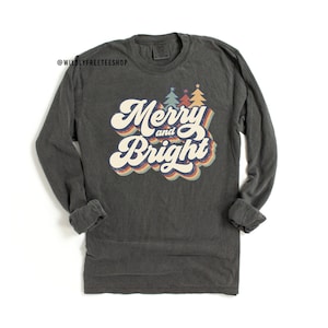 Retro kerstshirt dames, vrolijk helder shirt, Comfort Colors®-shirt met lange mouwen, vakantieshirts, vintage kerstshirt, kerst-T-shirt