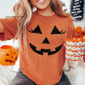 Womens Glitter Jack O Lantern Pumpkin Face Halloween Costume, Halloween Shirt, Matching Family Costumes, Cute Pumpkin Shirt, Fall Tshirt