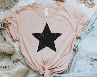 【SATIIIZ】Penkey Star Painting Short-Sleeved T-Shirt Star Shirt, Black Glitter Star Tshirt, Womens Clothing
