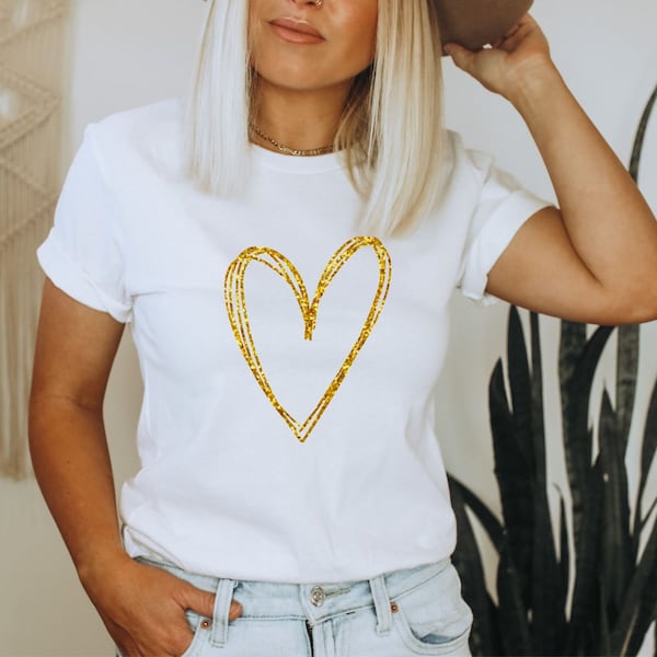 Heart Shirt, Gold Heart Shirt, Womens T Shirts, Spring Summer Tops, Glitter Heart Tshirt, Sparkle Heart Tshirt, Birthday Gift for Women