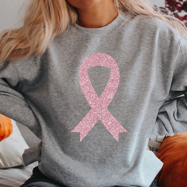 Pink Glitter Ribbon Sweatshirt, Breast Cancer Shirts, Cancer Survivor Shirt, Breast Cancer Awareness Gift, Pink Ribbon Shirts, Womens Gifts