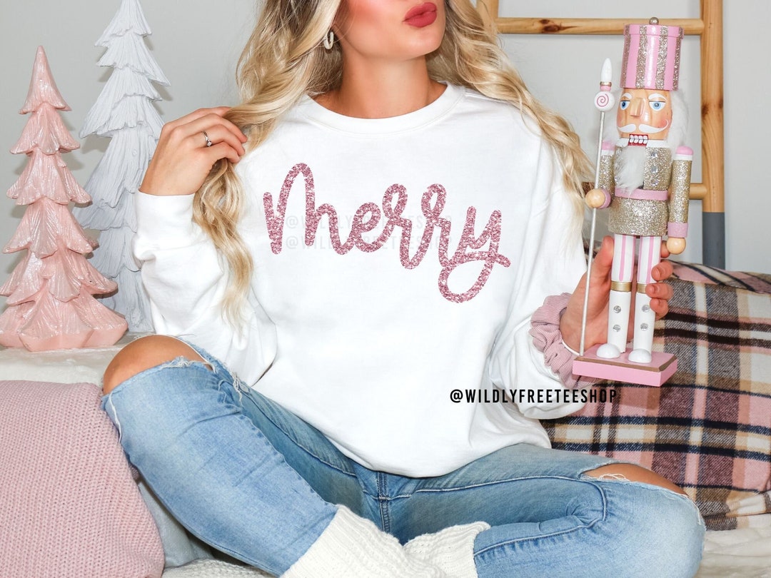 Pink Merry Every Thing Glitter Letter Christmas Sweatshirt