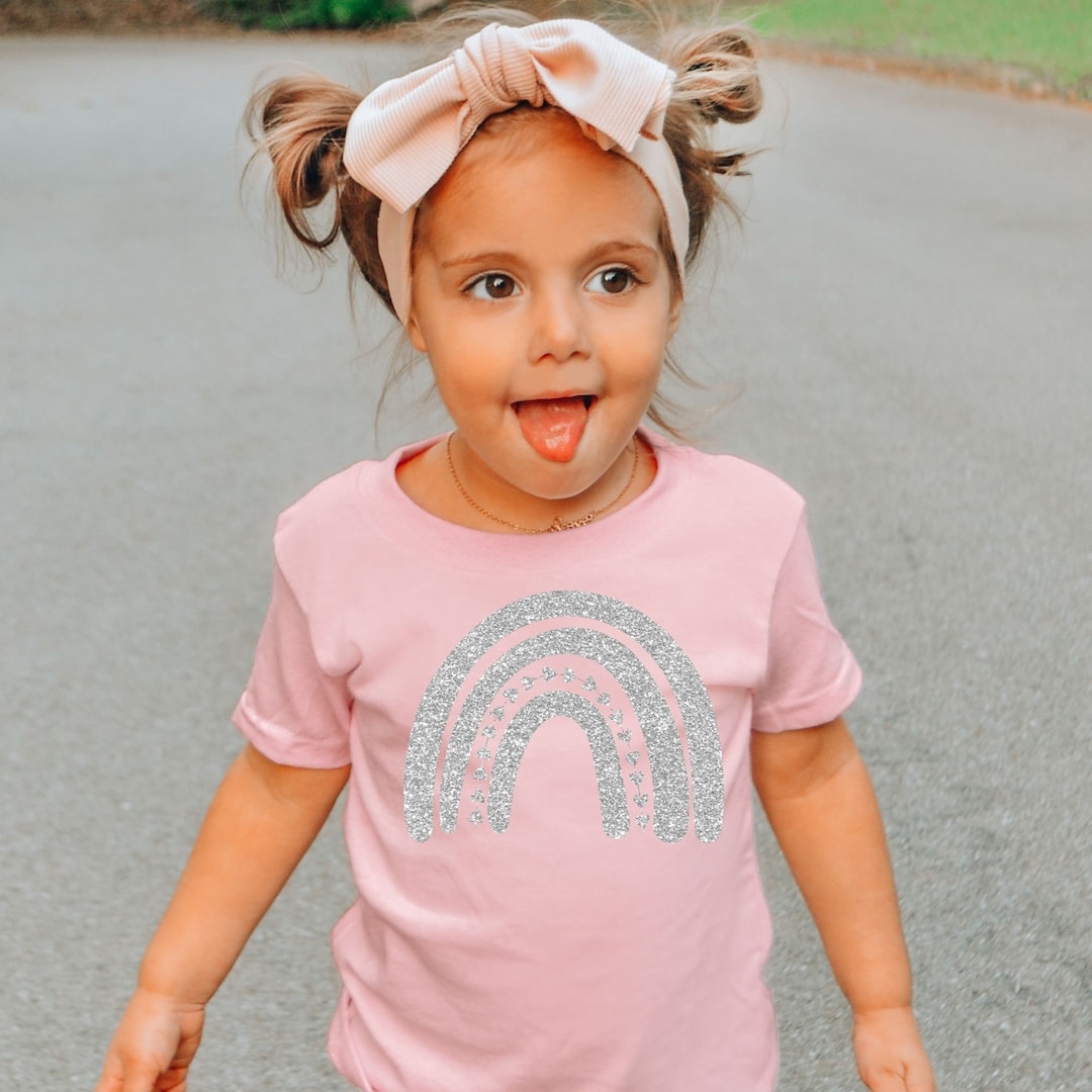 Girls Rainbow Shirt, Toddler Girl Rainbow Glitter Heart Tshirt, Silver