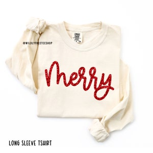 Womens Glitter Merry Shirt, Christmas Shirt, Long Sleeve Comfort Colors® Merry Shirt, Holiday Shirts, Christmas Crewneck, Christmas Gifts