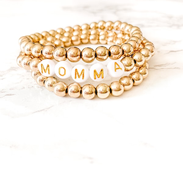 Momma Bracelet, Gold Beaded Bracelets, Beaded Momma Bracelet, New Mom Gifts, Beaded Word Bracelets, Stackable Bracelets, Momma Bracelet Set