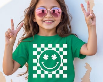 Barn St Patrick's Day-tröja: Rutig Shamrock Happy Face-tröja