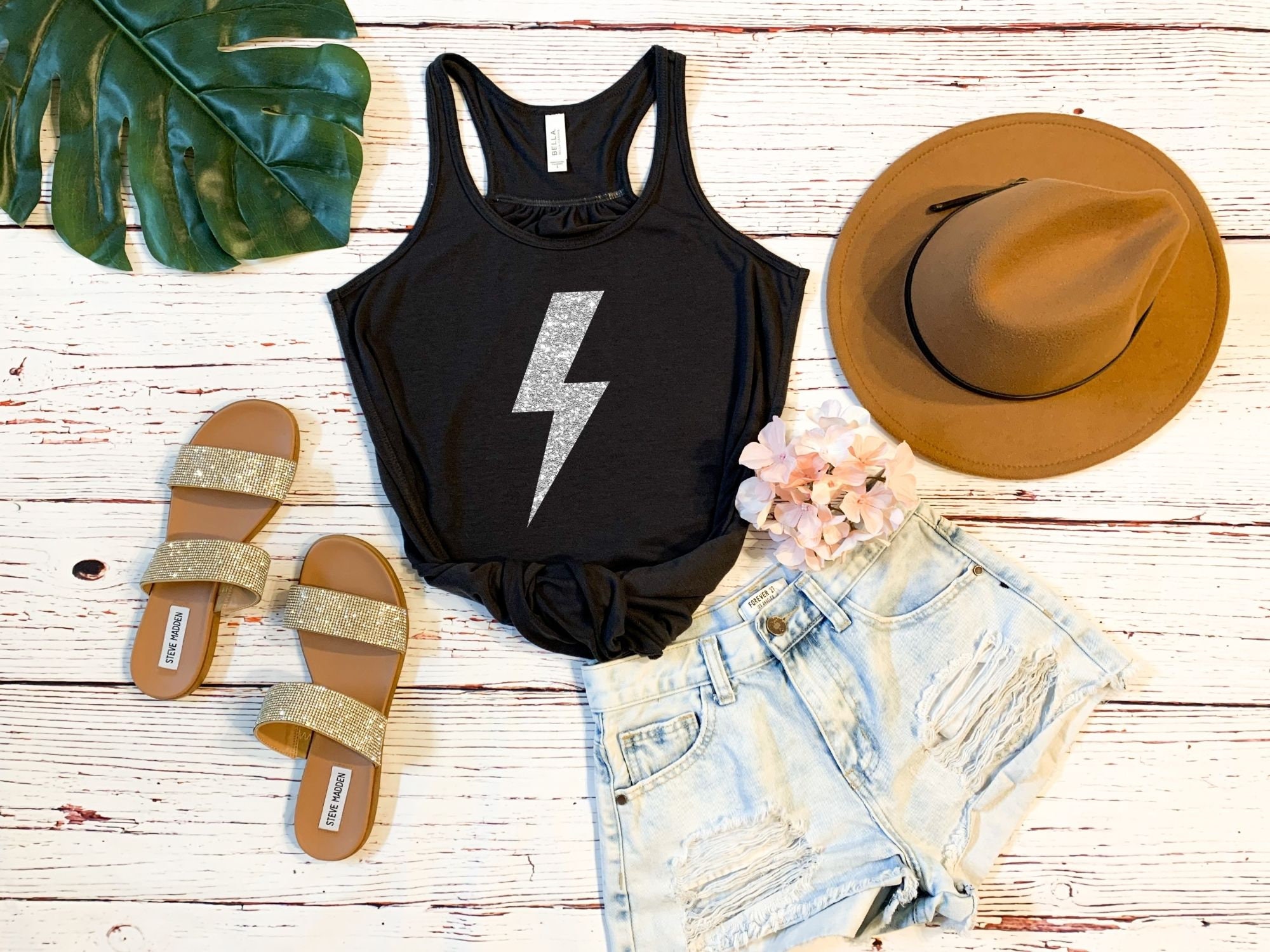 Summer Tanks Lightning Bolt Tank Top Silver Glitter Etsy