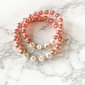 Mama and Mini Heishi Bracelet Set: Custom Beaded Word Bracelets