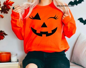 Glitter Winking Jack O' Lantern Sweatshirt - Halloween Costume Sweater - Girly Pumpkin Face Shirt