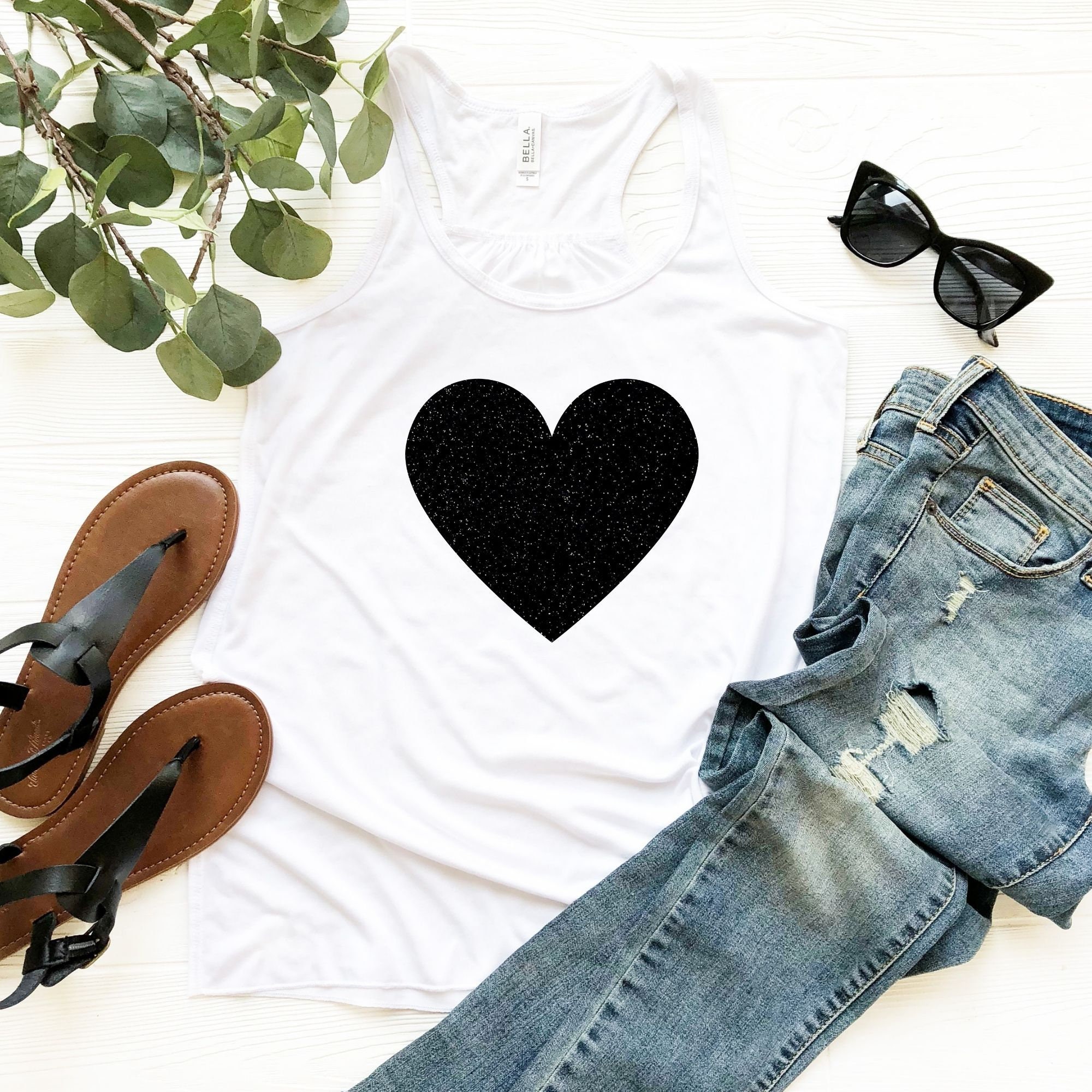 Black Glitter Heart Racerback Tank Top - Women's Flowy