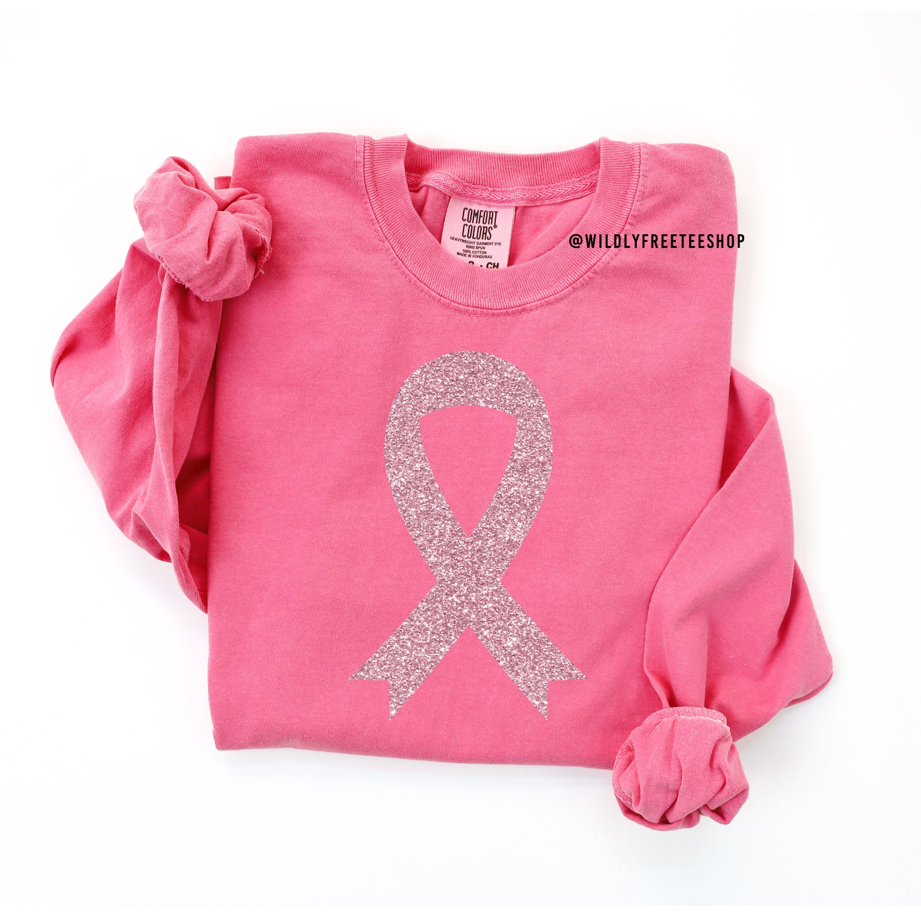 Pink Ribbon Long Sleeve Shirt, Glitter Breast Cancer Awareness 