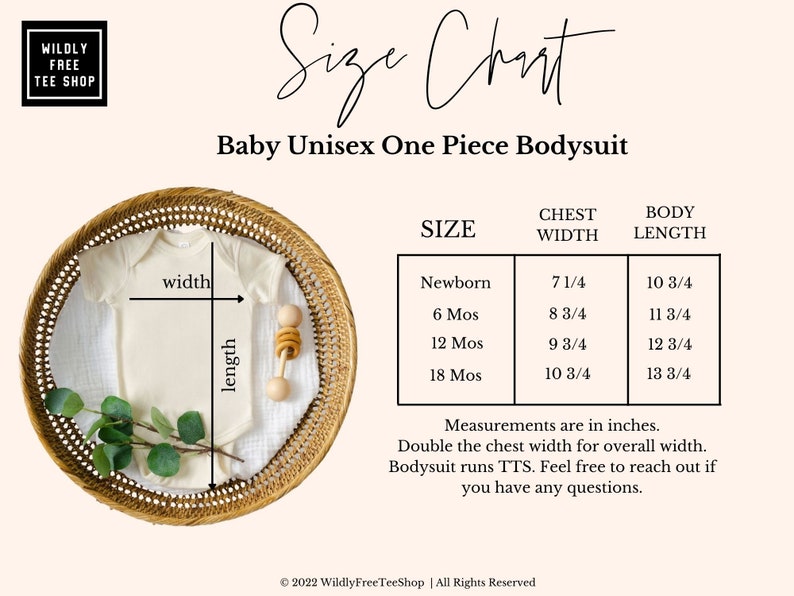 May include: A beige baby unisex one-piece bodysuit displayed in a woven basket, with a size chart showing chest width and body length measurements in inches. The text reads "Baby Unisex One Piece Bodysuit".