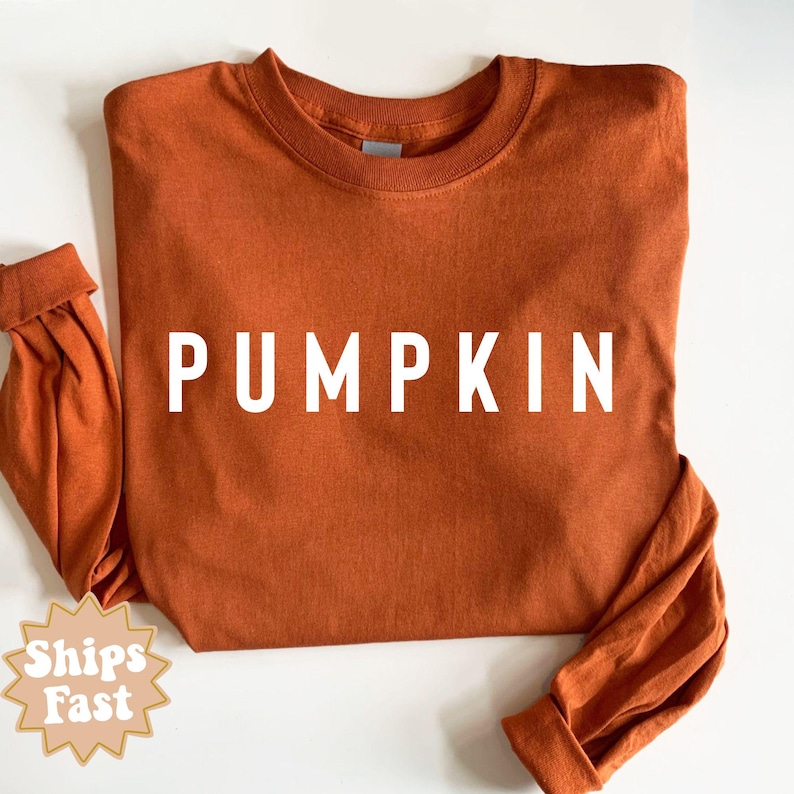 May include: A long-sleeved crewneck shirt in a solid burnt orange colour. The word PUMPKIN is printed across the centre of the chest in a clean, white, sans-serif font. The garment features a ribbed neckline and cuffed sleeves in the same fabric.