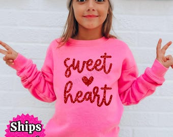 Girls Glitter Sweetheart Sweatshirt Kids Valentines Day Love Heart Outfit Toddler Girl Sweet Heart Sweater Valentines Gift  for Kids