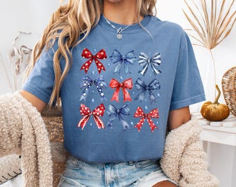 Camiseta America Coquette com Laço, Camiseta Patriótica Comfort Colors para o 4 de Julho
