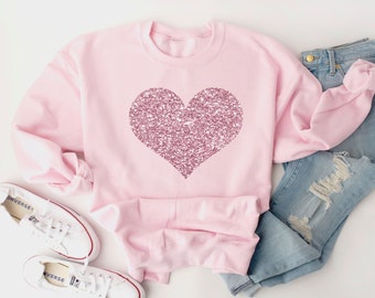 Heart Valentines Day Sweatshirt for Women Gift for Wife Sparkly Pink Glitter Love Heart Sweater Valentines Day Gift Galentines Day Shirt