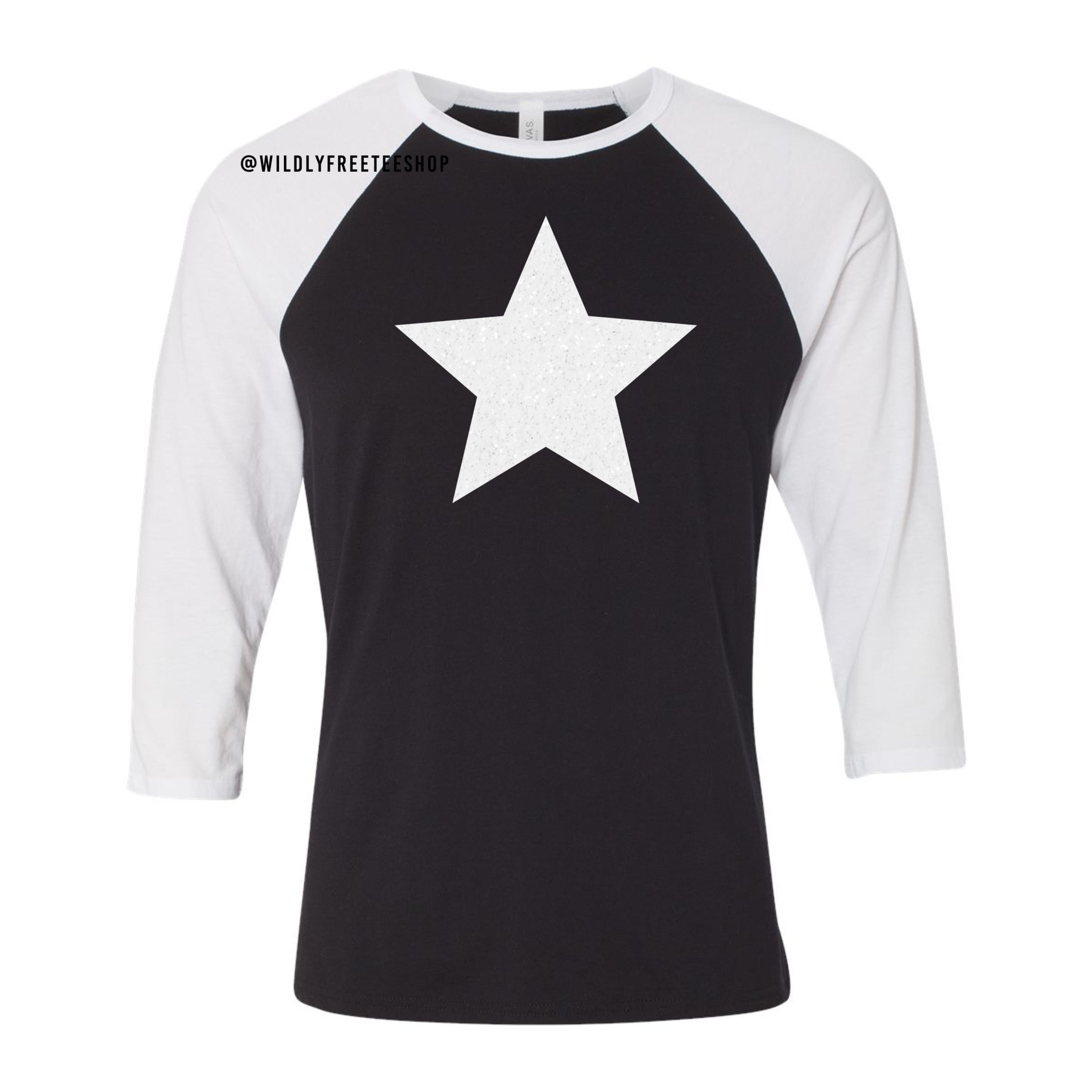 Glitter Star Raglan Shirt: 3/4 Sleeve Crewneck Tee, Patriotic Star 