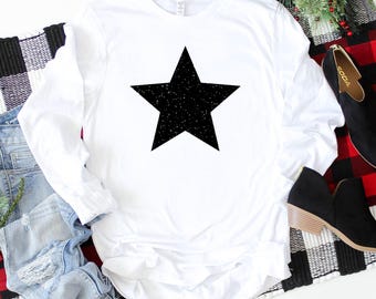 Glitter Star Long Sleeve T-Shirt: Soft Cotton Casual Top for Women