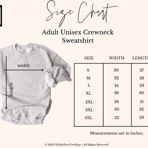 Puede incluir: Tabla de tallas para una sudadera con cuello redondo unisex para adultos. La tabla muestra el ancho y la longitud en pulgadas para las tallas S a 4XL.