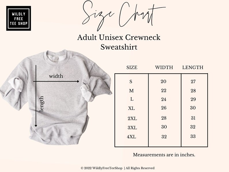 Puede incluir: Tabla de tallas para una sudadera con cuello redondo unisex para adultos. La tabla muestra el ancho y la longitud en pulgadas para las tallas S a 4XL.