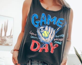 Camiseta sin mangas de softbol para el día del partido, camiseta de mamá de softbol, camiseta de sóftbol para mamá, camiseta de bateador, camiseta sin mangas con estampado deportivo de moda, camiseta sin mangas Comfort Colors©