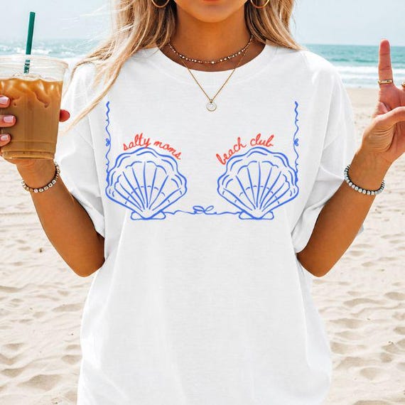 Salty Moms Beach Club Shirt, Coastal Graphic Tee, Trendy Summer Shirt, Womens Vacation T-Shirt, Mermaid Aesthetic Tee, Seashells Bikini Tee