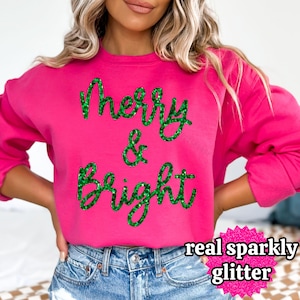 Sparkly Glitter Merry & Bright Christmas Sweatshirt: Holiday Party Crewneck